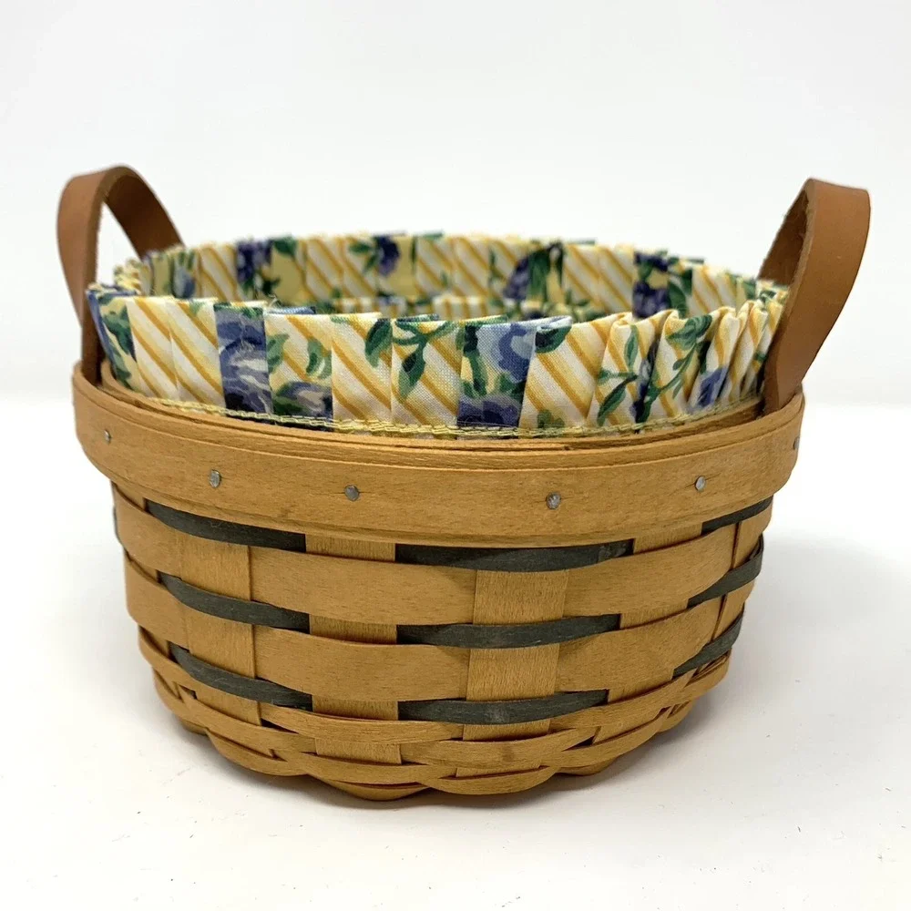 Longaberger 1996 Round Basket Leather Handles 6.5 Inch Fabric Liner, Protector